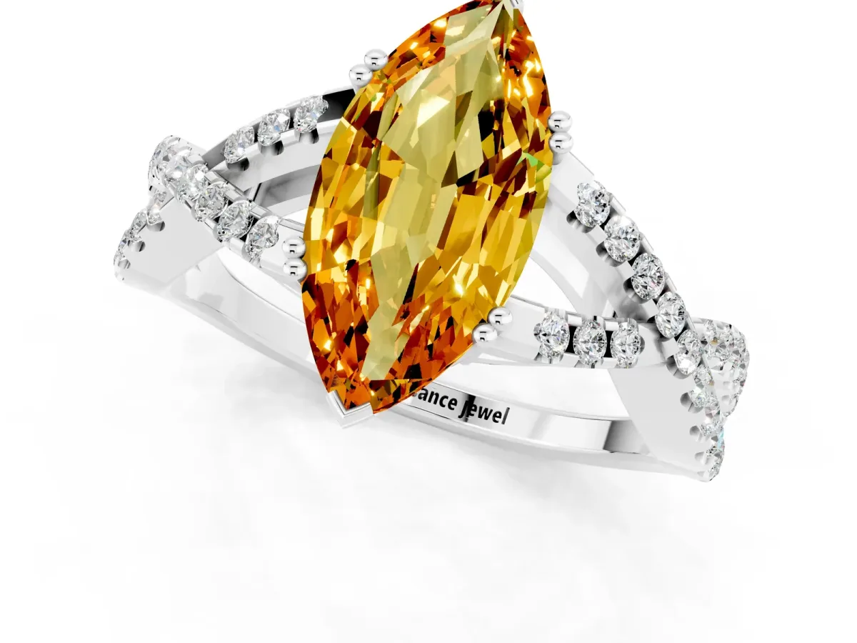 Marquise Cut Citrine Solitaire Ring with Four-Prong Setting and Twisted Pavé Band Silver