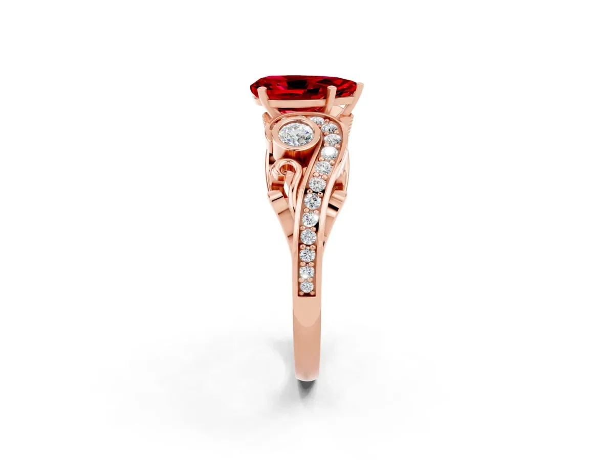 Pear Cut Ruby Solitaire Ring with Milgrain Pavé Band and Four-Prong Setting Rose gold