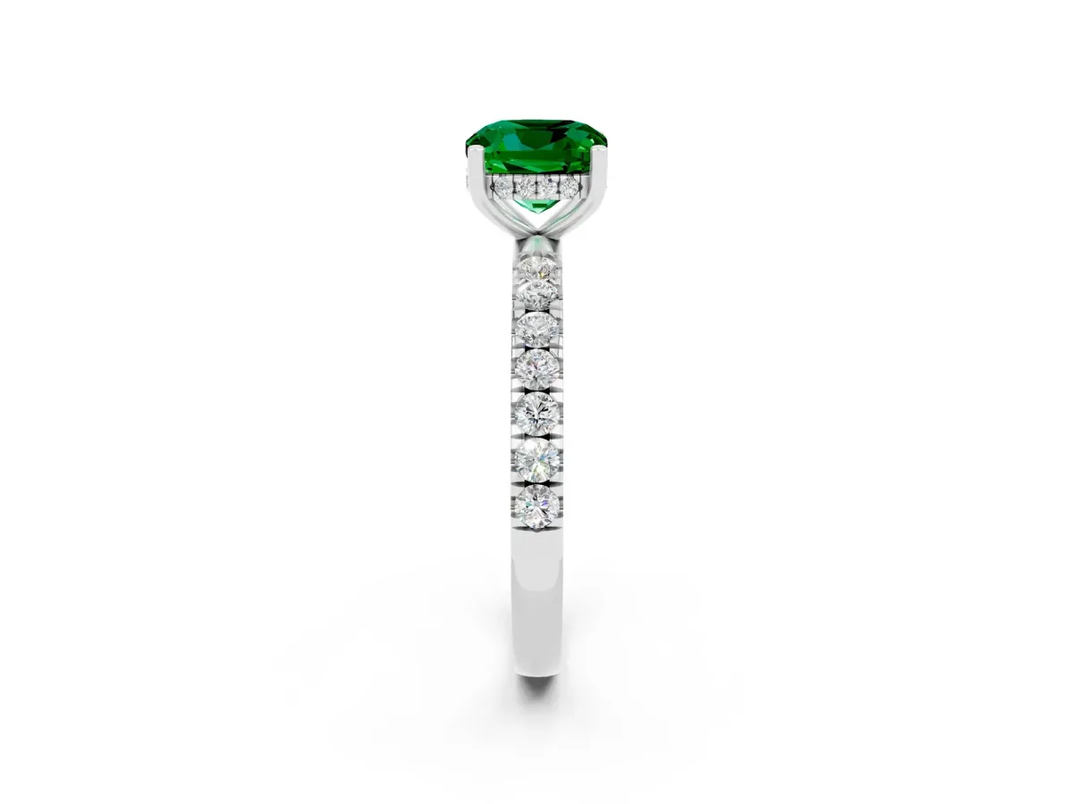 Cushion Cut Emerald Pave Band Solitaire Ring with Round and Prong Setting Platinum