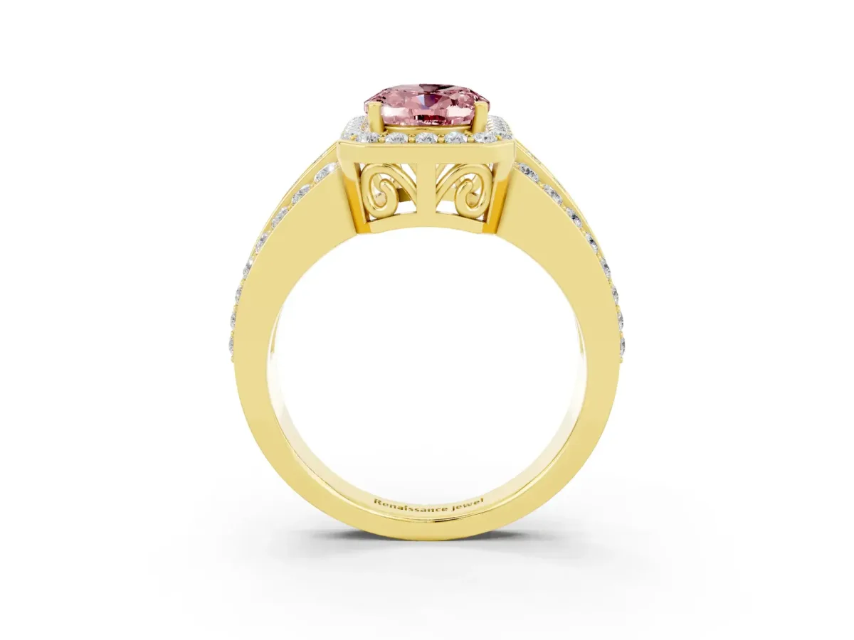 Oval Cut Halo Morganite Ring with Round Split Shank and Prong Setting Yellow gold