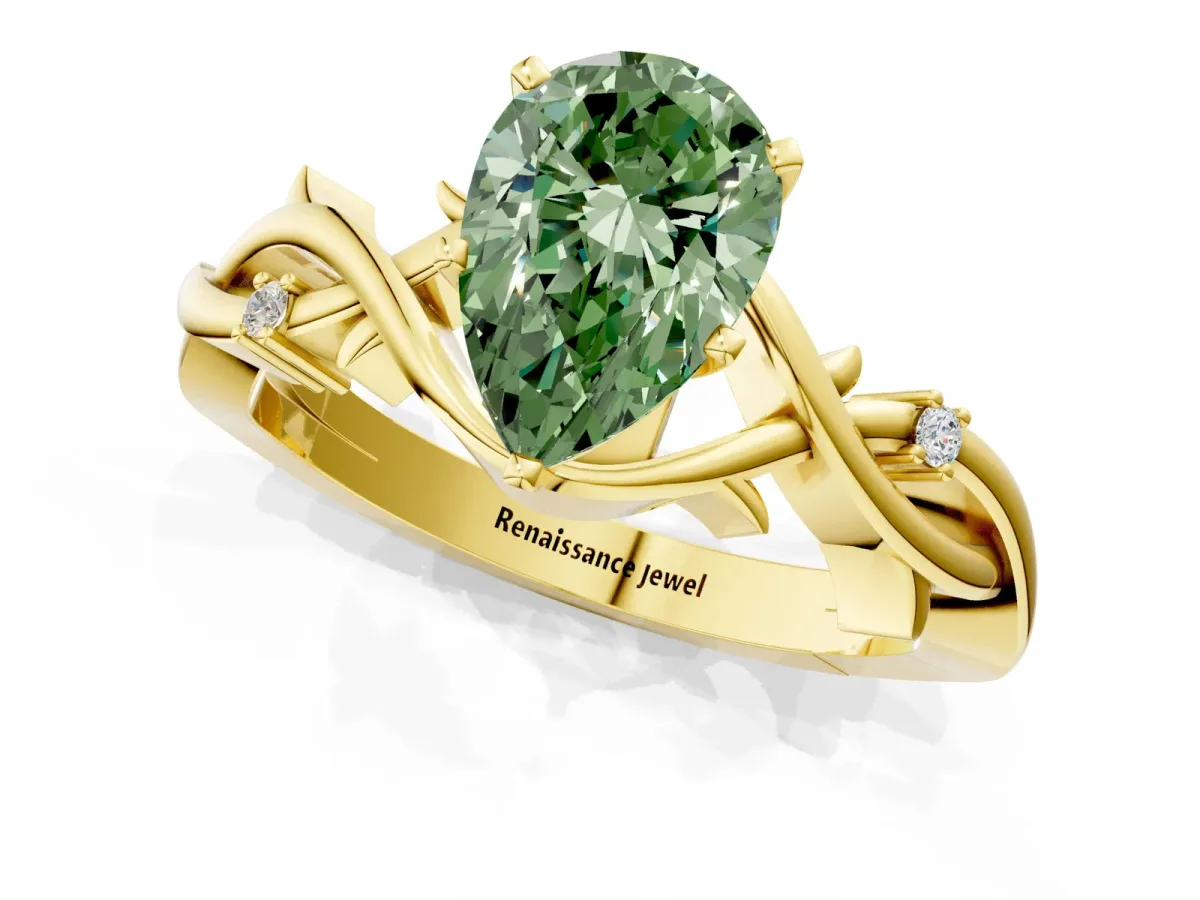 Fancy Green Pear Cut Diamond Solitaire Ring with Twisted Band and Prong Setting Yellow gold