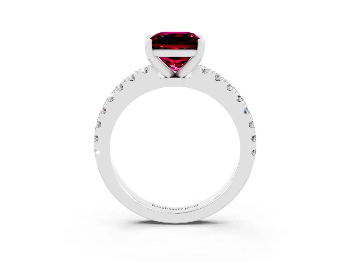 Princess Cut Solitaire Garnet with Pavé Band and Four-Prong Setting Silver