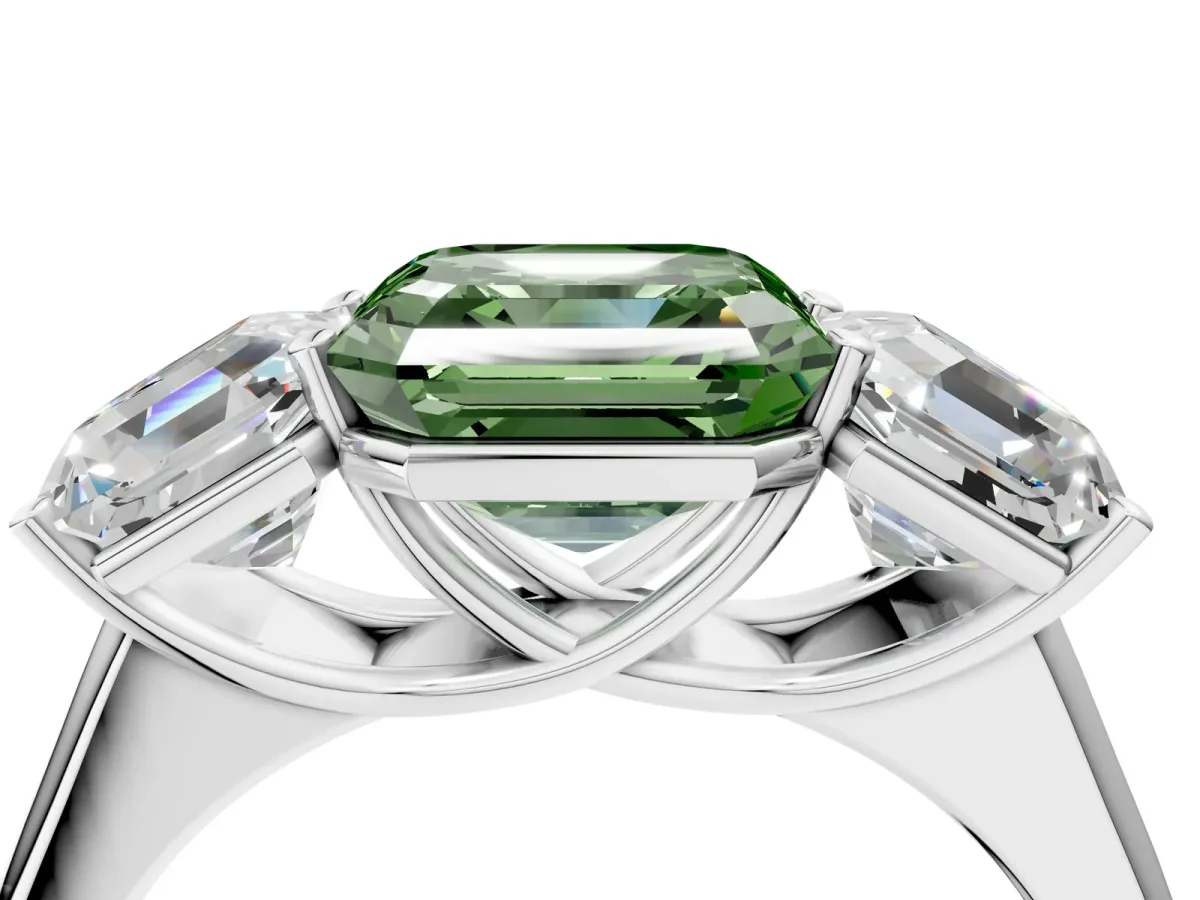 Fancy Green Asscher Cut Three-Stone Diamond Ring with Prong Setting on a Classic Band Platinum