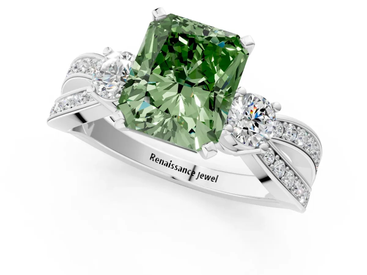 Fancy Green Three-Stone Radiant Cut Cut Diamond Twist Band with Prong Setting Platinum