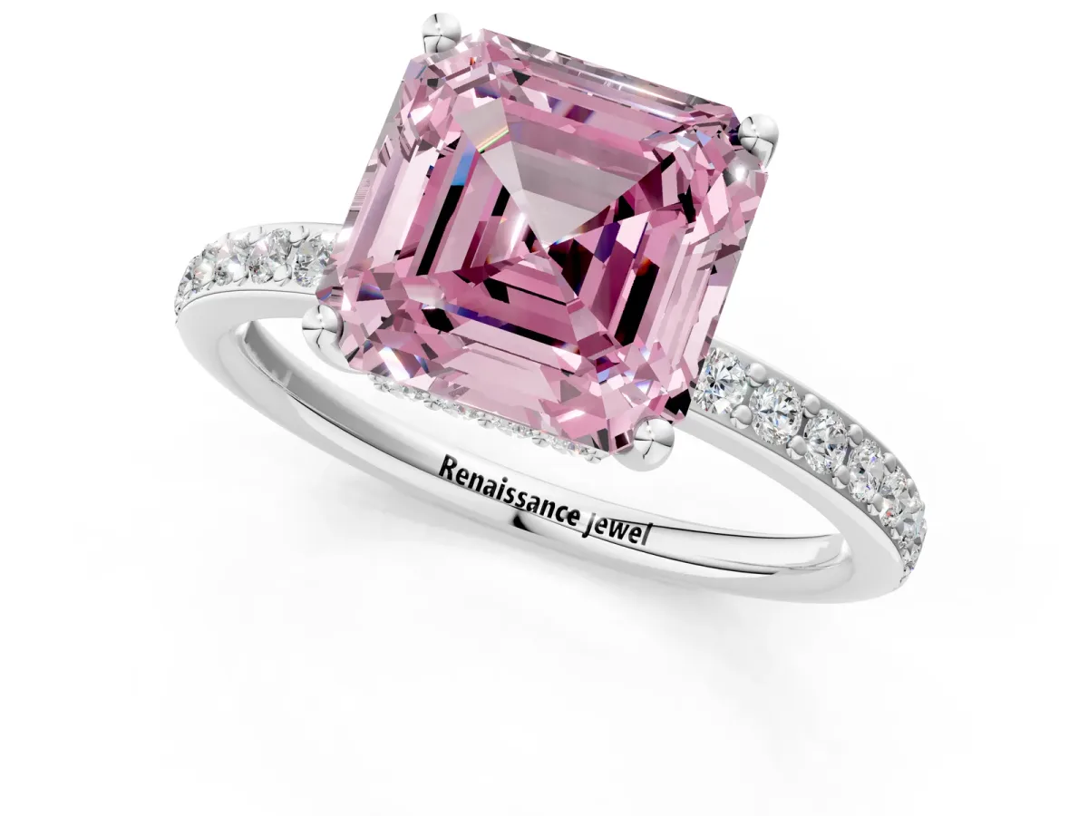 Fancy Pink Asscher Cut Cut Diamond Pavé Band Ring with Four-Prong Setting Platinum