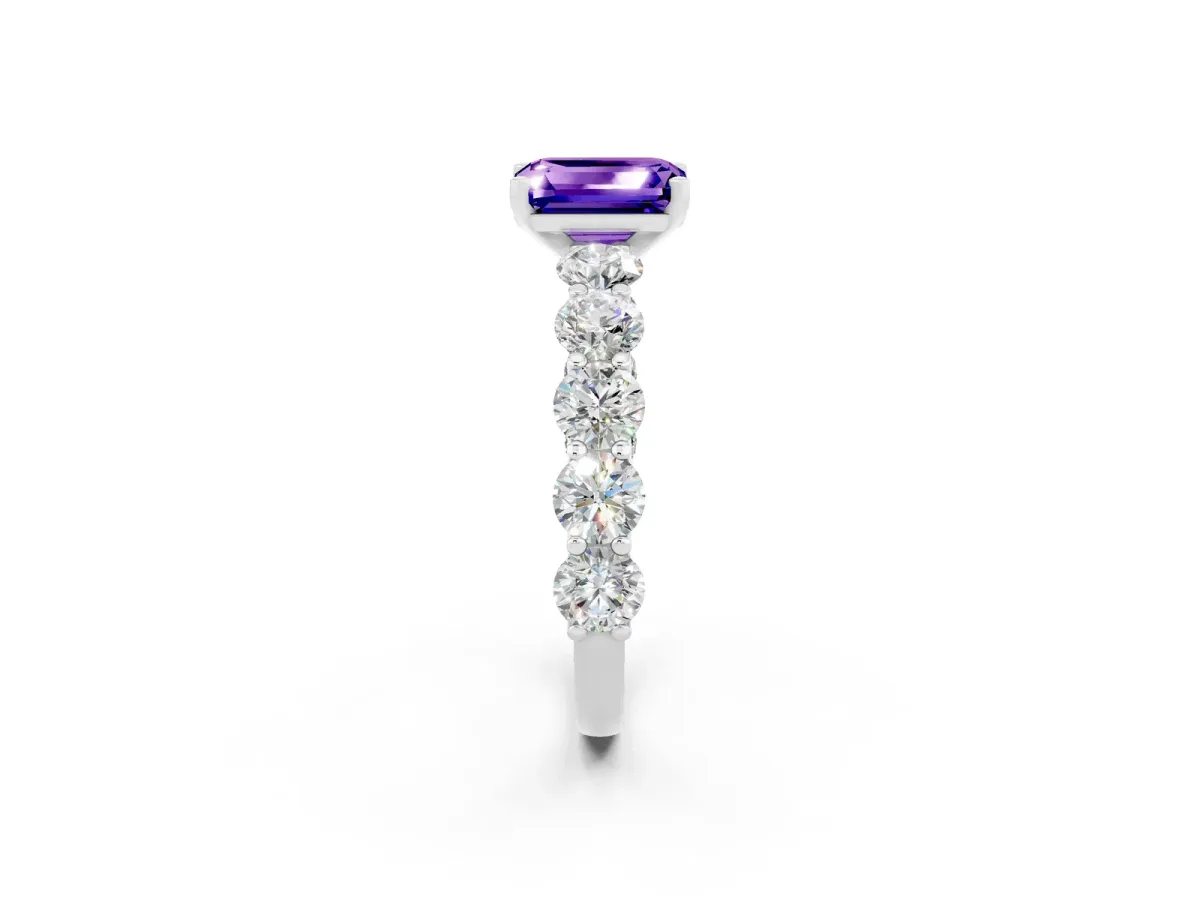 Emerald Cut Tanzanite Prong Setting with Side Stones on a Pave Band Platinum