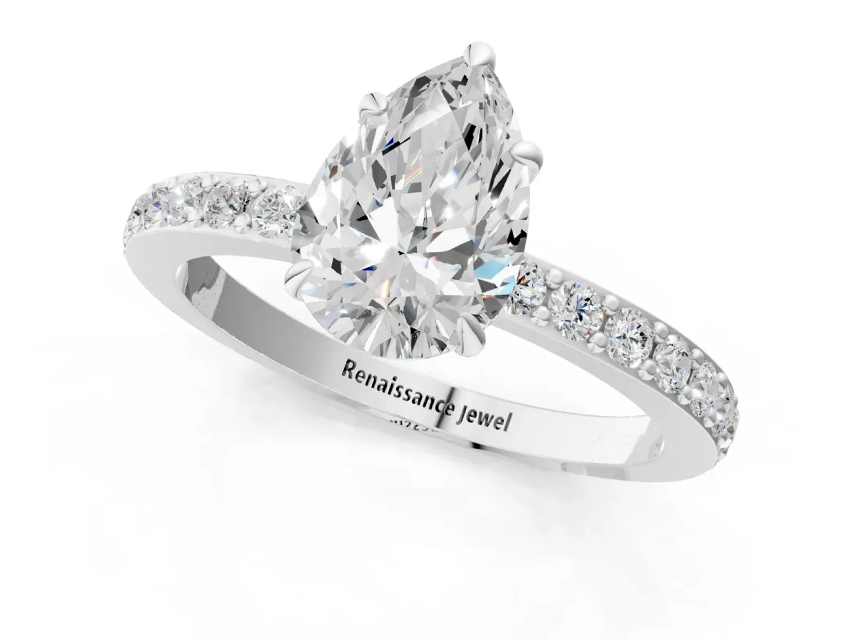 Pear Cut Diamond Solitaire Engagement Ring with Pavé Band and Four-Prong Setting Silver