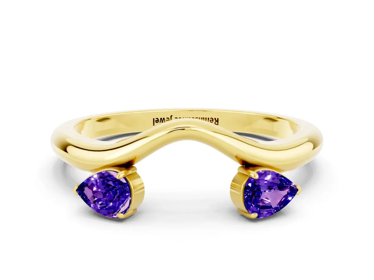 Pear Cut Tanzanite Two-Stone Open Band Ring with Prong Setting Yellow gold