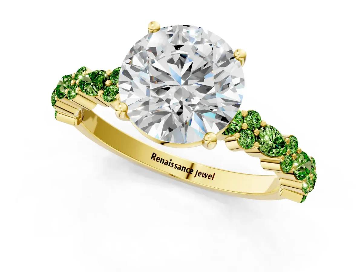 Round Cut Diamond Side Stone Solitaire Ring with Round Peridot and Four-Prong Setting Yellow gold
