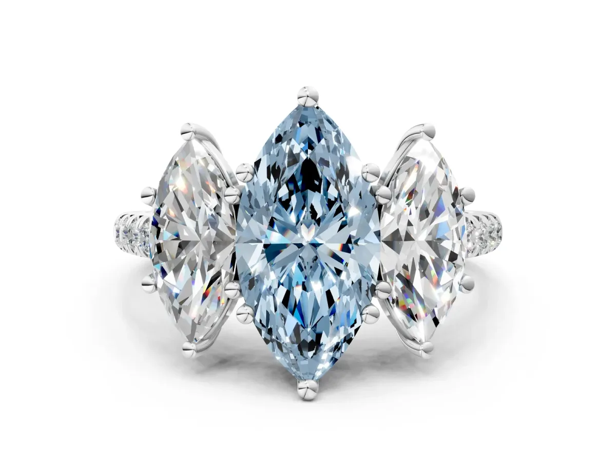 Fancy Blue Three-Stone Marquise Cut Diamond Ring with Round Pavé Band and Prong Setting Silver