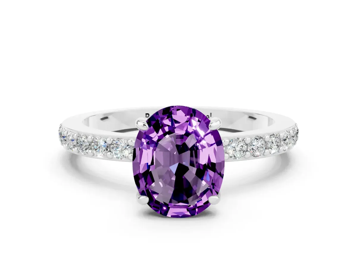 Oval Cut Amethyst Solitaire Engagement Ring with Pavé Band and Four-Prong Setting Silver