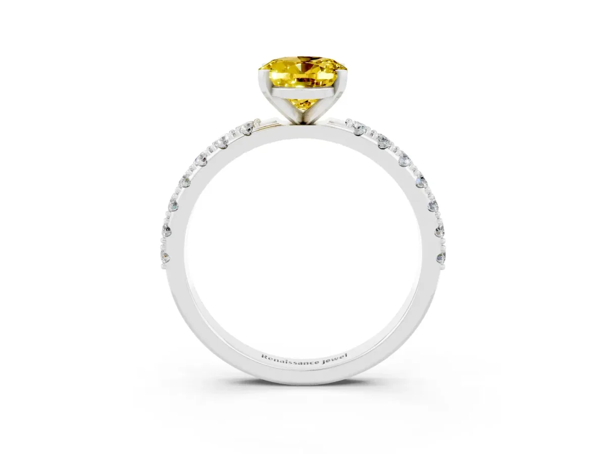 Oval Cut Yellow Sapphire Solitaire Pavé Band with Four-Prong Setting Platinum