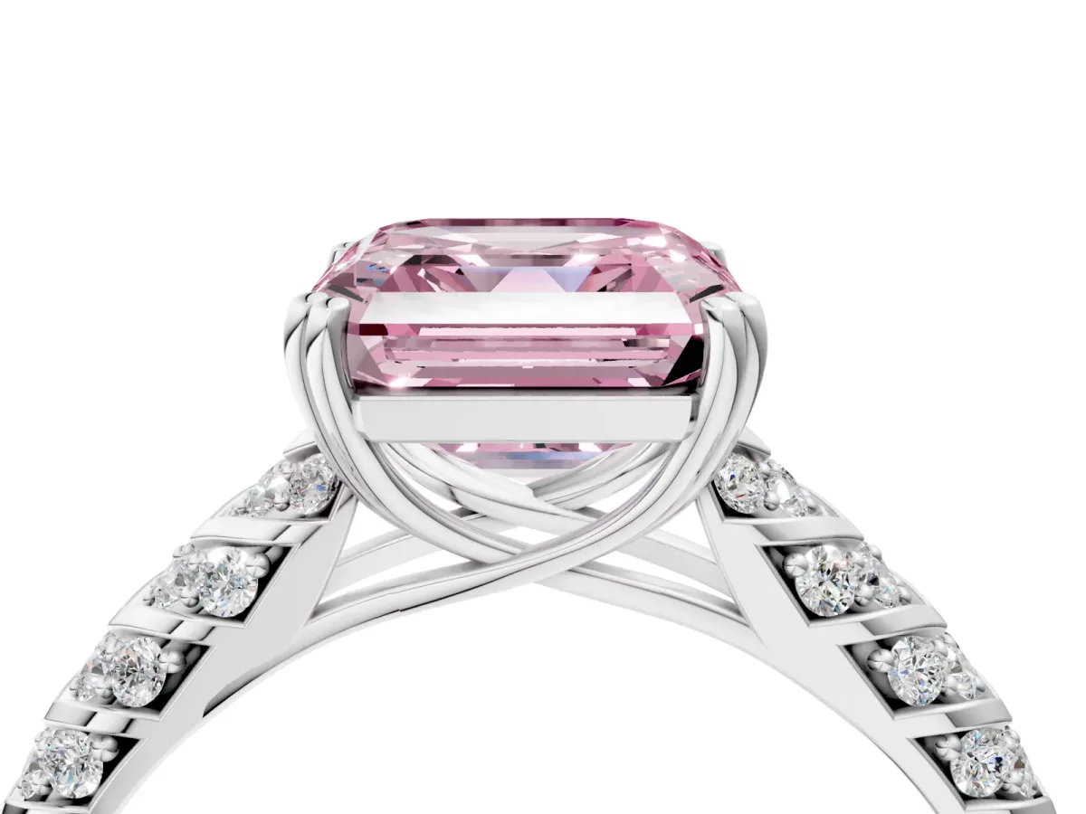 Fancy Pink Asscher Cut Solitaire Chevron Pave Diamond Engagement Ring with Six-Prong Setting Platinum