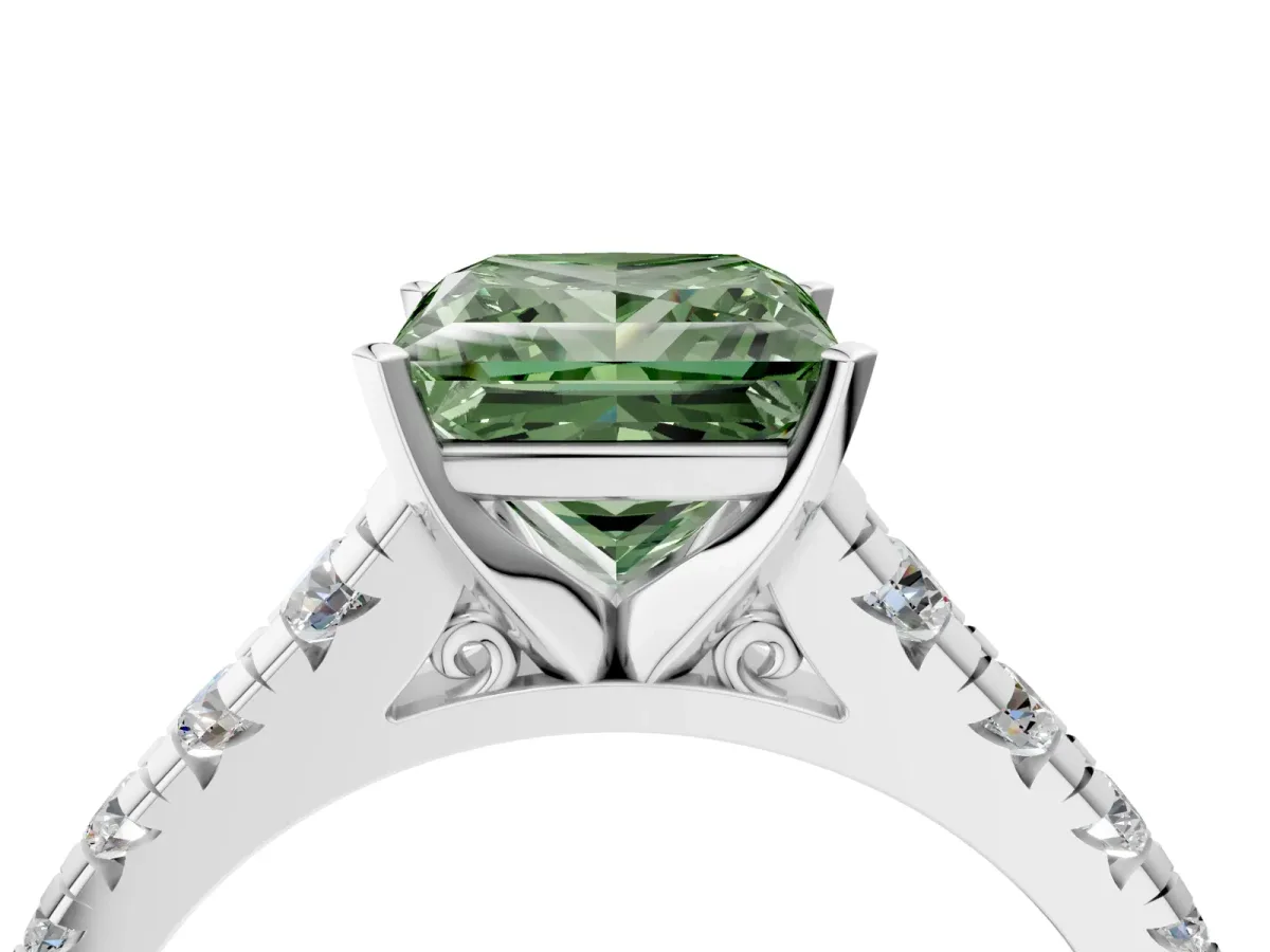 Fancy Green Princess Cut Diamond Cathedral Solitaire Ring with Round Pavé Band Silver