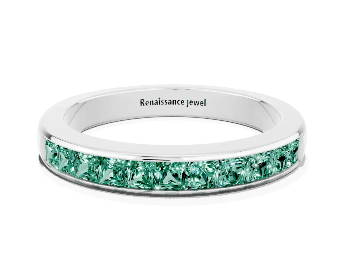 Channel Set Princess Cut Green Sapphire Eternity Band Silver