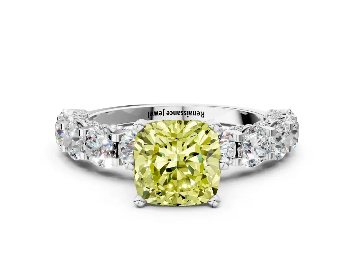 Fancy Yellow Cushion Cut Diamond Side Stone Engagement Ring with Four-Prong Setting Platinum