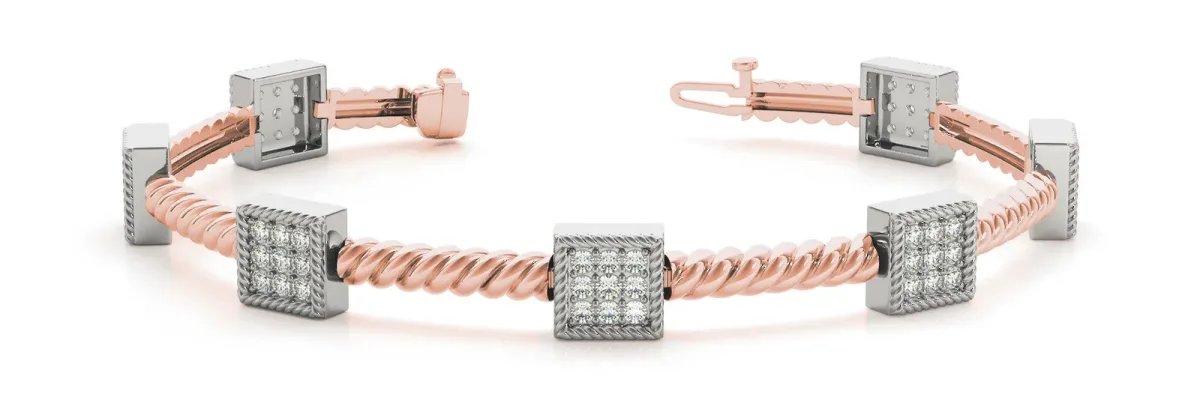 Square Pave Diamond Rope Bracelet with Box Clasp Rose gold