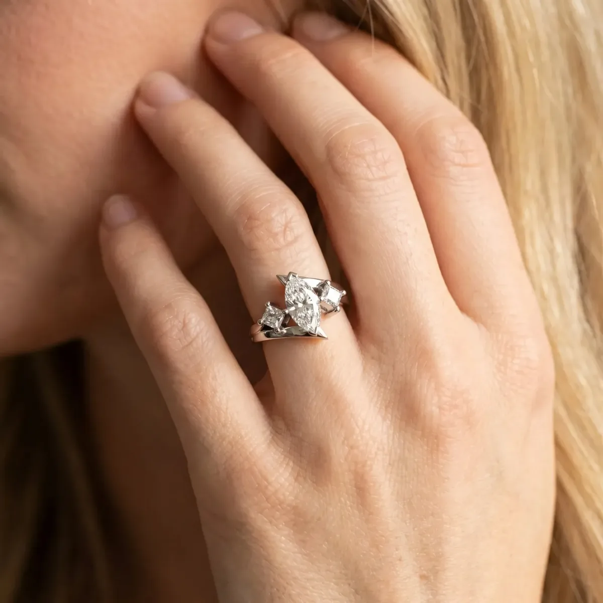 Three-Stone Marquise Cut Cut Tension Band Ring with Four-Prong Setting Platinum
