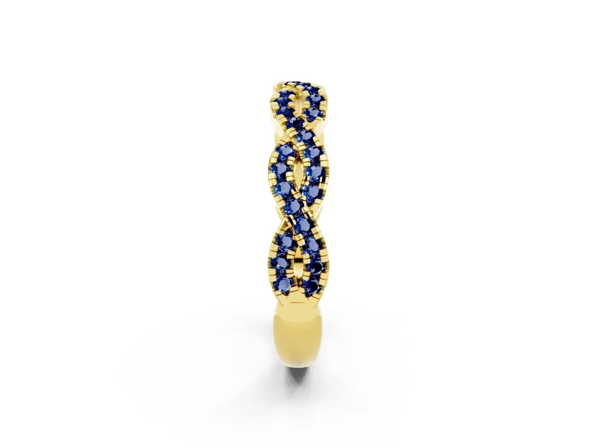 Round Blue Sapphire Twisted Eternity Band with Pavé and Shared Prong Setting Yellow gold
