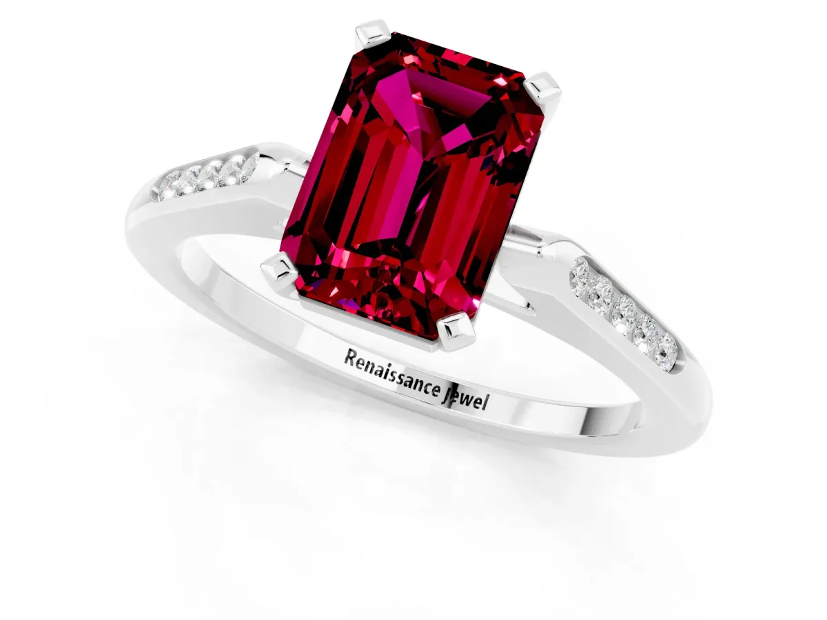 Emerald Cut Garnet Solitaire Ring with Channel Set Round Band and Prong Setting Silver