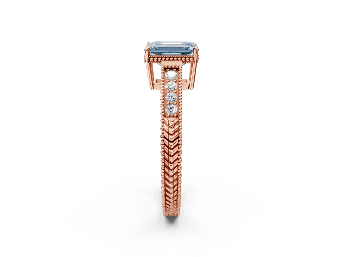 Fancy Blue Emerald Cut Cut Diamond Milgrain Pave Band Four-Prong Setting Ring Rose gold
