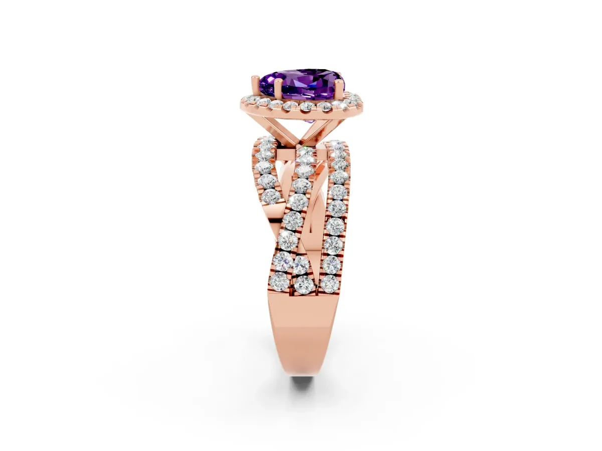 Heart Cut Amethyst Halo Ring with Round Split Shank and Prong Setting Rose gold