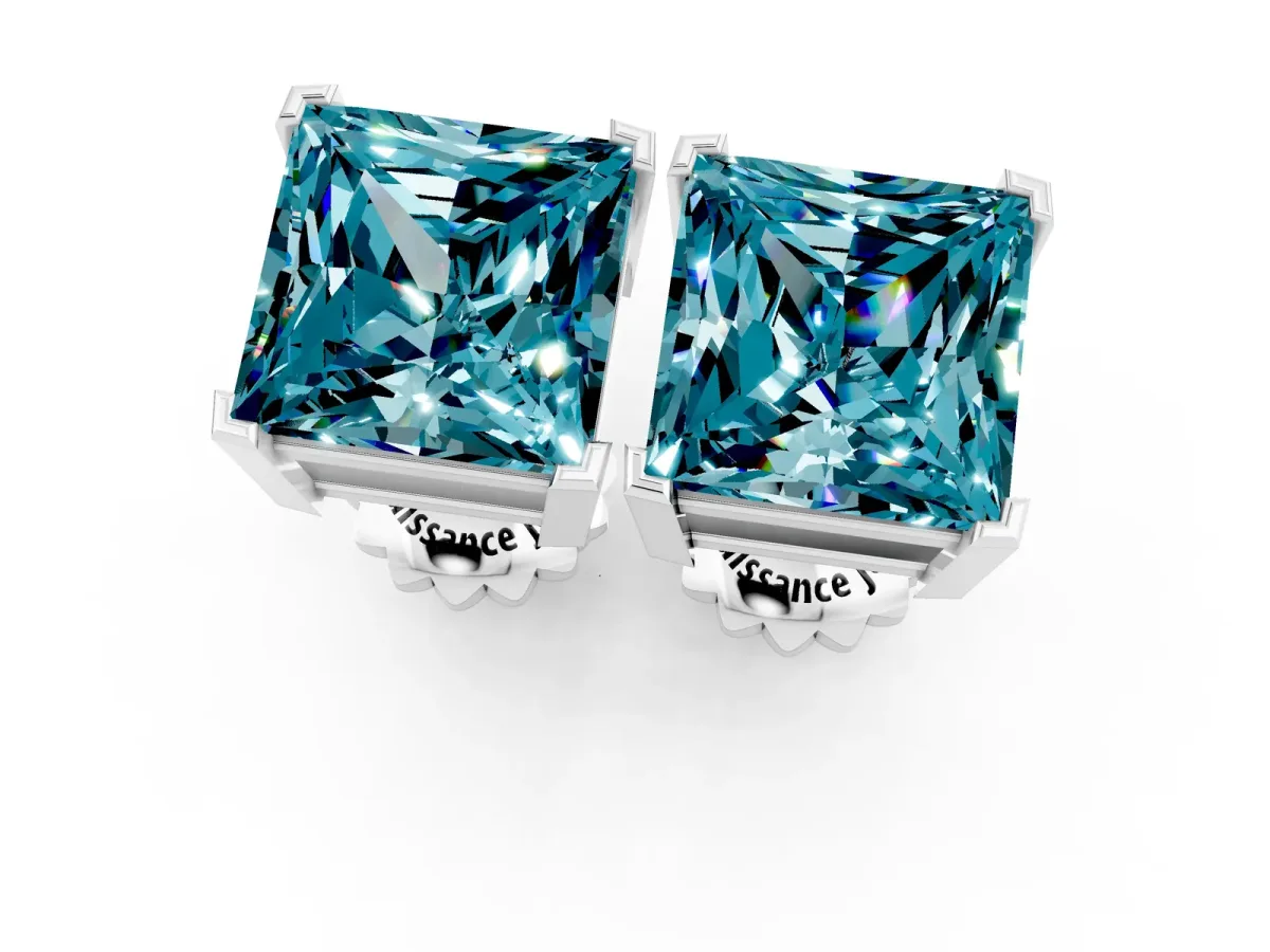 Princess Cut Blue Topaz Stud Earrings Platinum