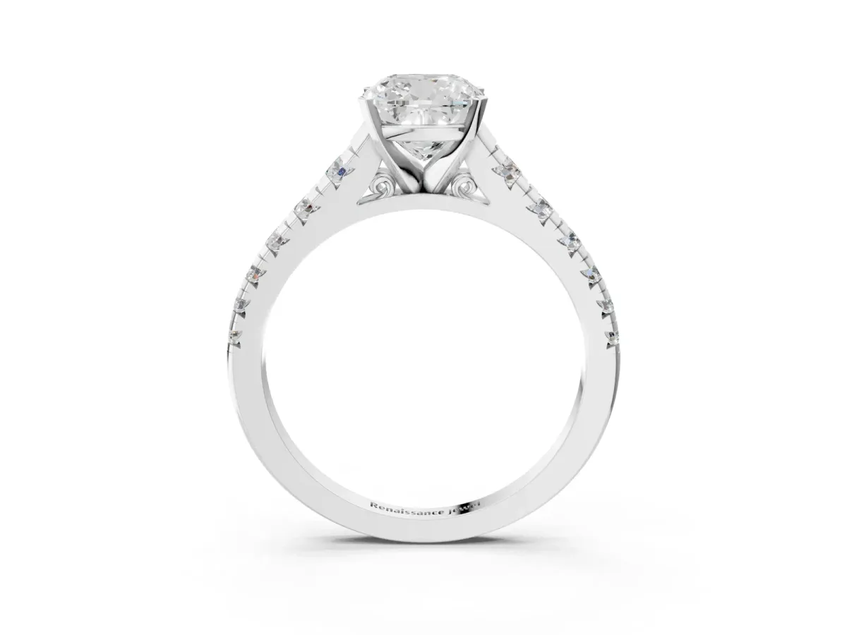 Cushion Cut Diamond Cathedral Solitaire Ring with Round Moissanite Pavé Band Silver