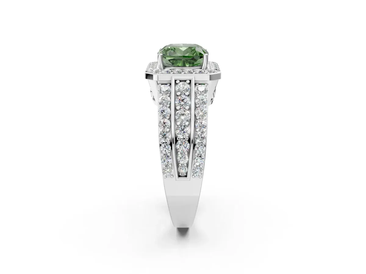 Fancy Green Cushion Cut Halo Diamond Ring with Round Split Shank and Prong Setting Silver