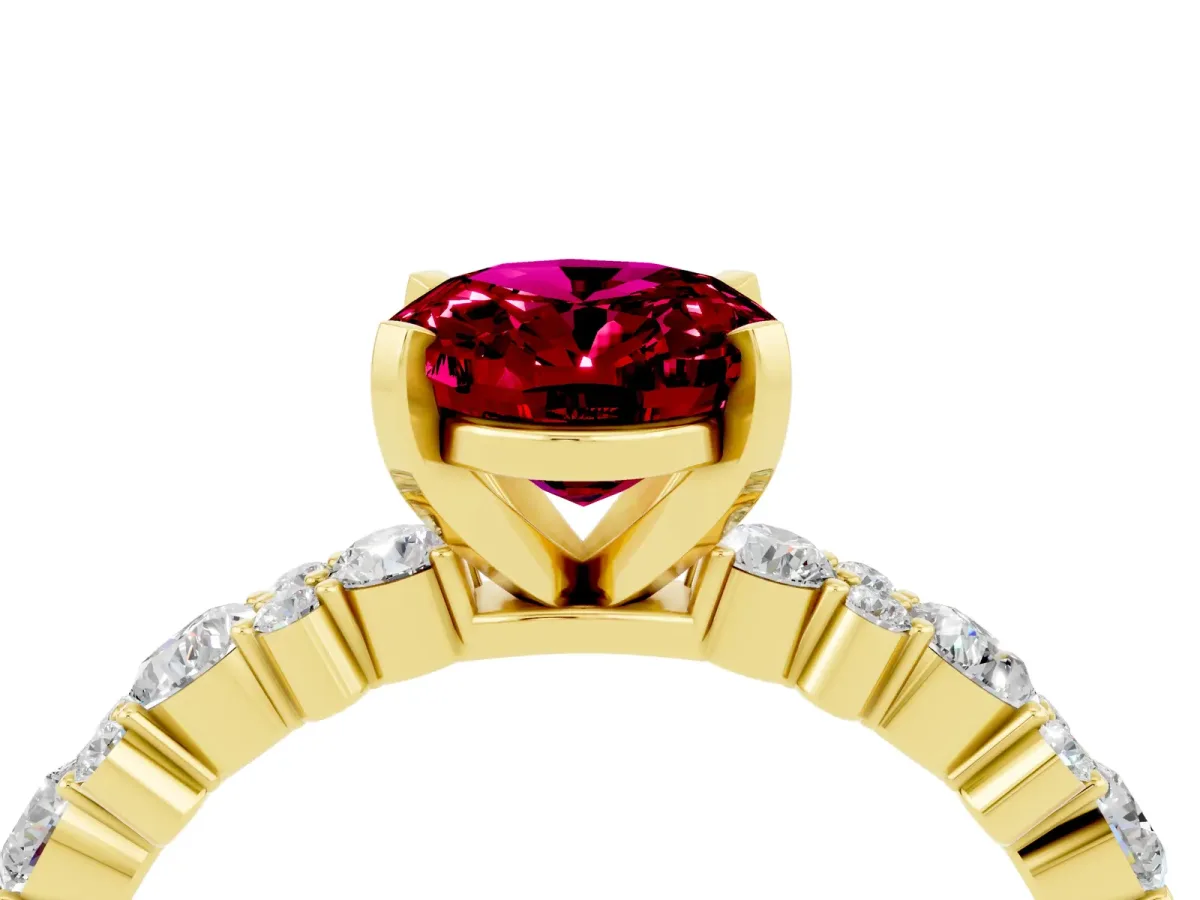 Oval Cut Garnet Side Stone Solitaire Ring with Round and Four-Prong Setting Yellow gold