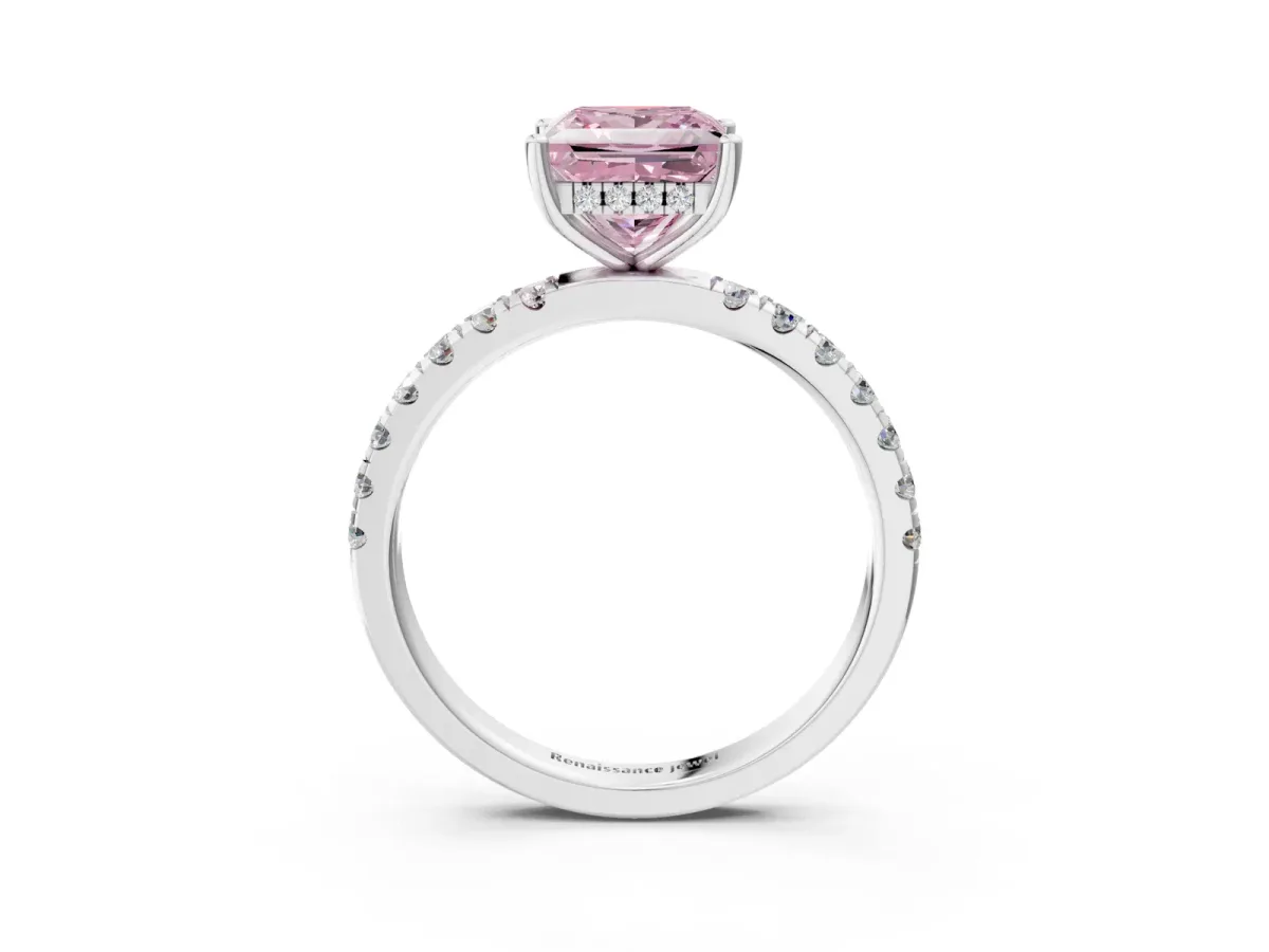 Fancy Pink Princess Cut Diamond Pave Band Solitaire Ring with Round and Prong Setting Silver