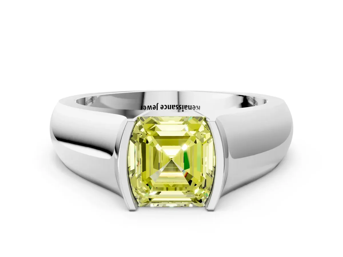 Fancy Yellow Asscher Cut Solitaire Bezel Set Diamond Ring with Wide Band Platinum
