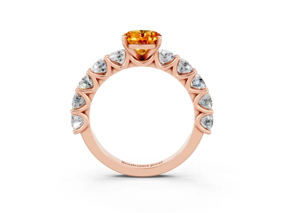 Oval Cut Citrine Prong Setting with Side Stones on a Pave Band Rose gold