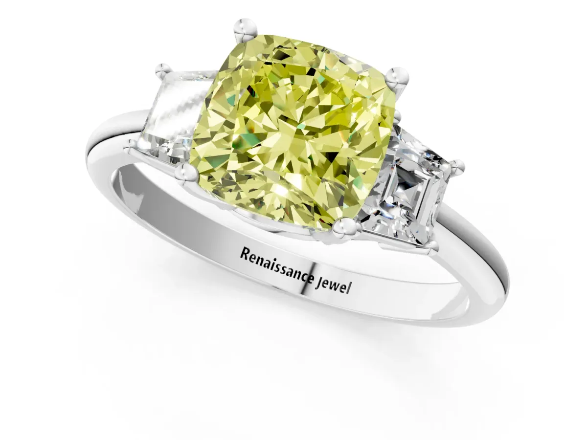 Fancy Yellow Cushion Cut Diamond Three-Stone Ring with Trapezoid Side Stones and Prong Setting Silver