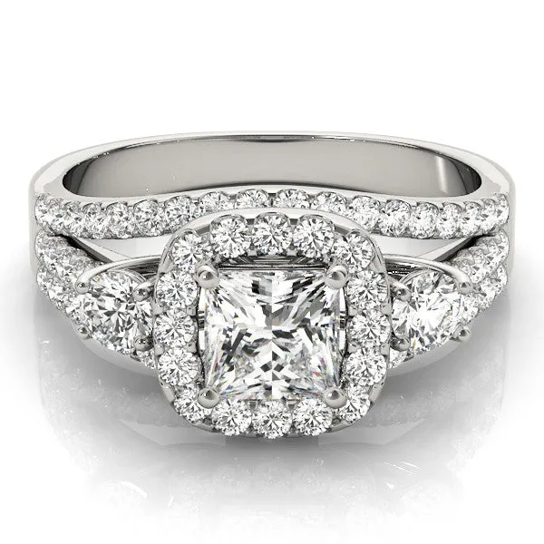 Halo Princess Cut Cut Split Shank Diamond Ring with Four-Prong Setting Platinum