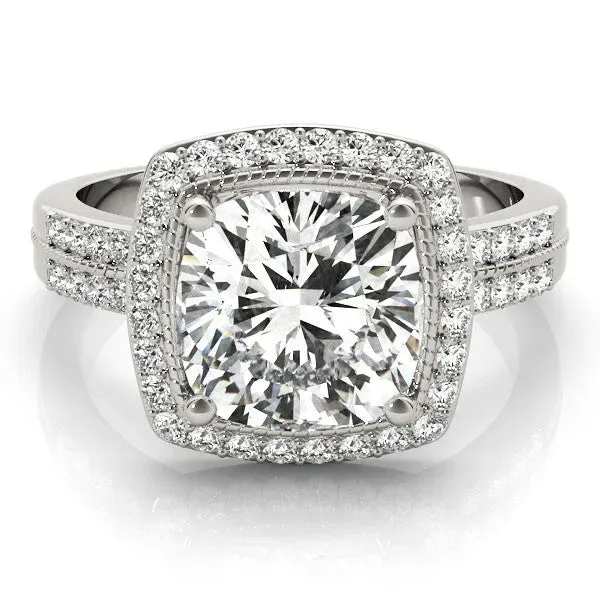 Cushion Cut Diamond Double Halo Ring with Split Shank and Four-Prong Setting Platinum