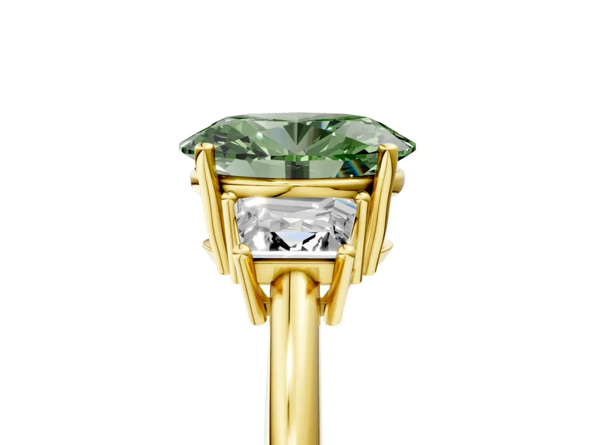 Fancy Green Oval Cut Diamond Three-Stone Ring with Trapezoid Side Stones and Prong Setting Yellow gold