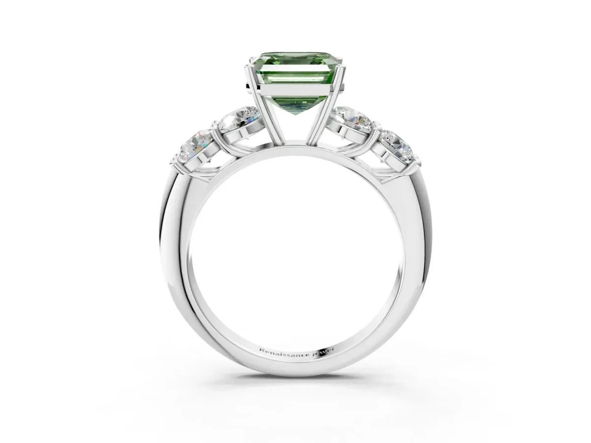 Fancy Green Asscher Cut Cut Five-Stone Prong Set Diamond Ring with Classic Band Platinum