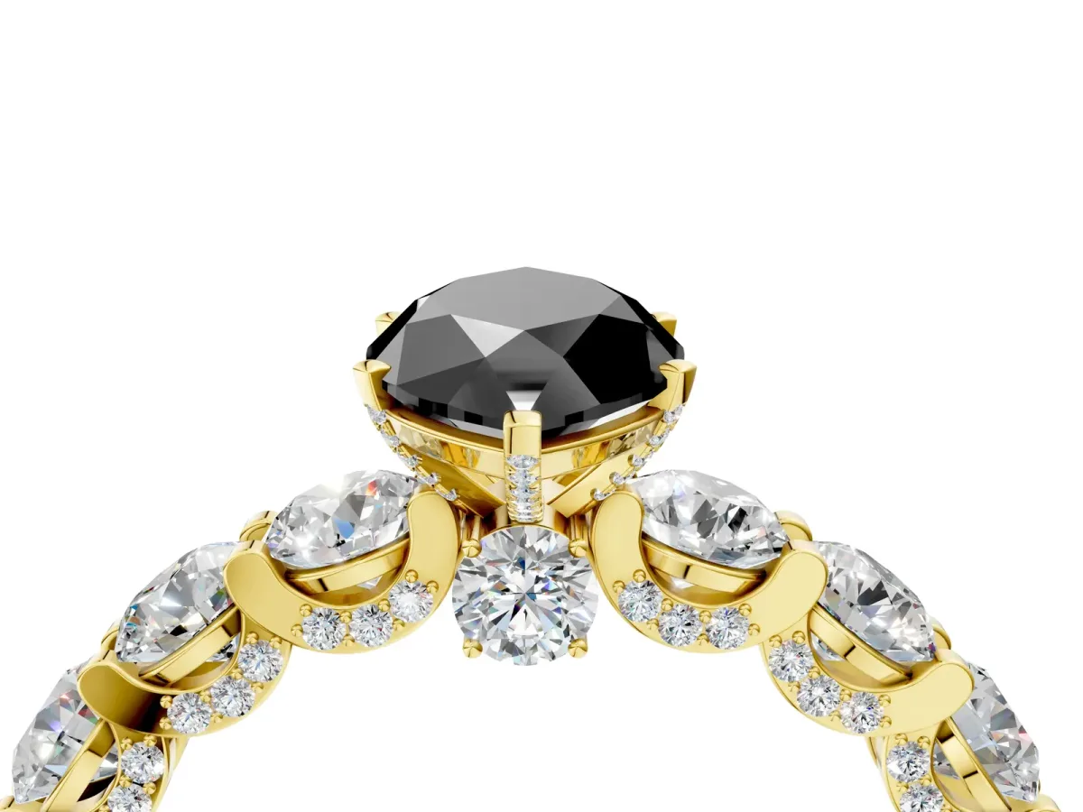 Fancy Black Marquise Cut Diamond Side Stone Engagement Ring with Four-Prong Setting Yellow gold