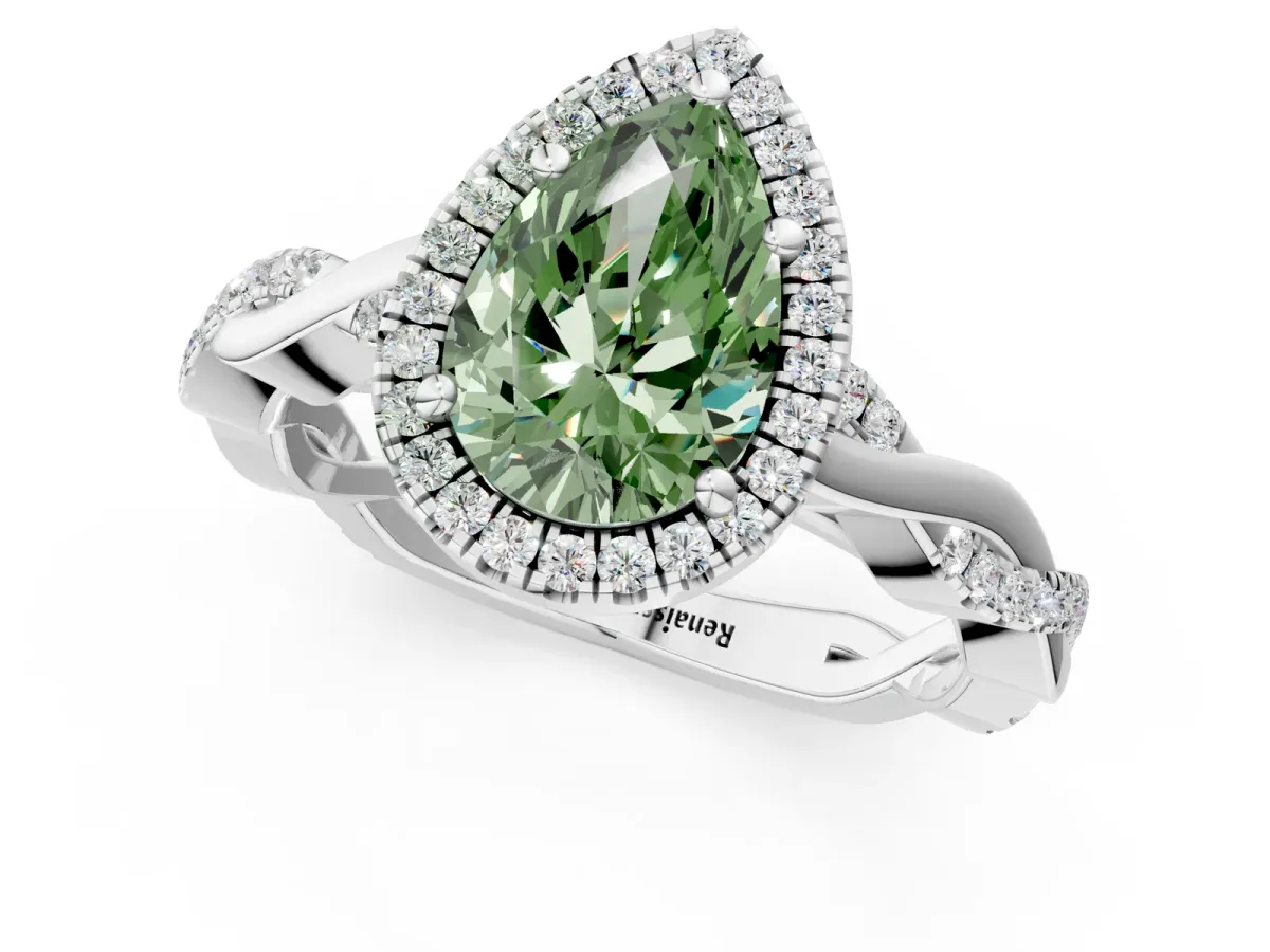 Fancy Green Pear Cut Cut Halo Twisted Band Four-Prong Ring Platinum