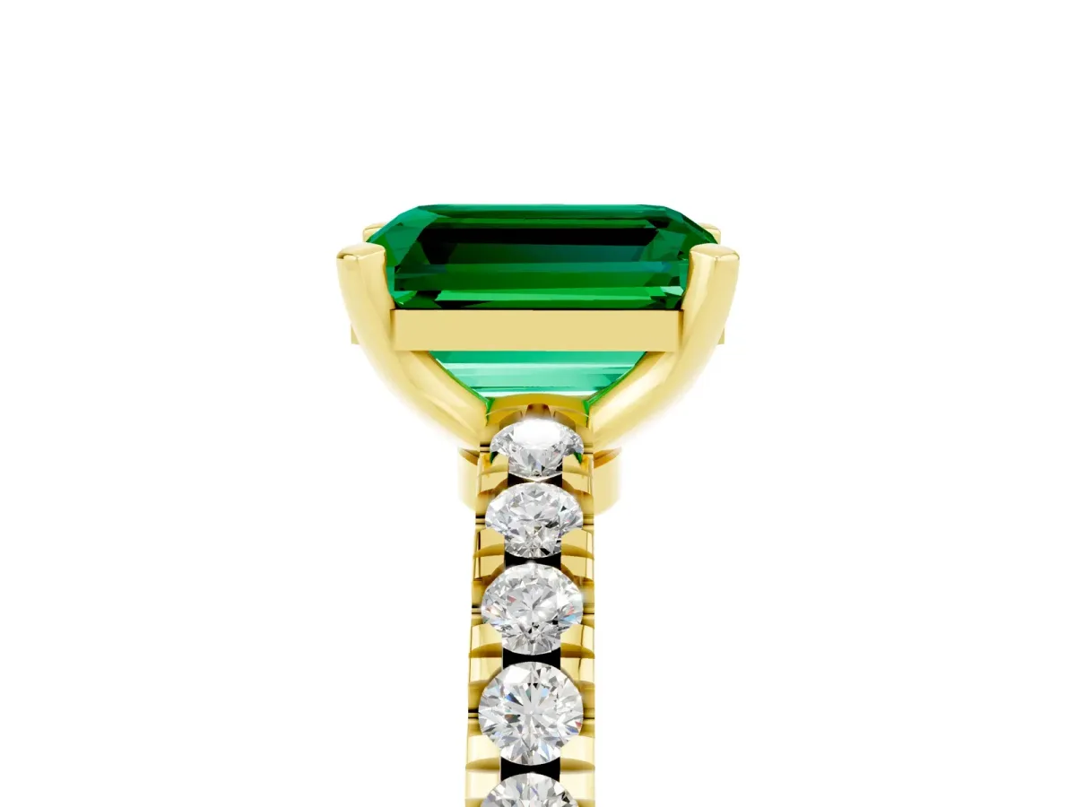 Emerald Cut Solitaire Emerald with Pavé Band and Four-Prong Setting Yellow gold