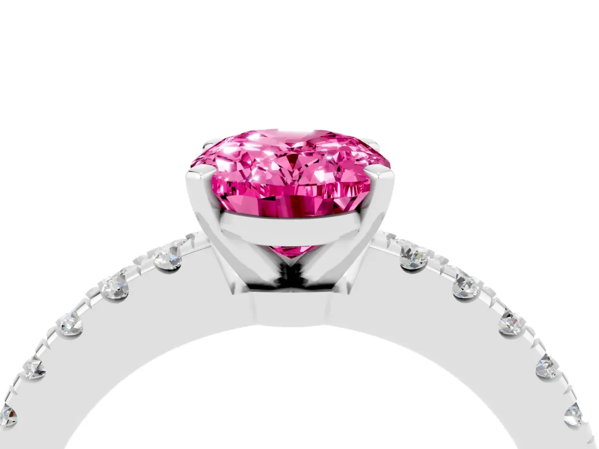 Oval Cut Solitaire Pink Sapphire with Pavé Band and Four-Prong Setting Silver