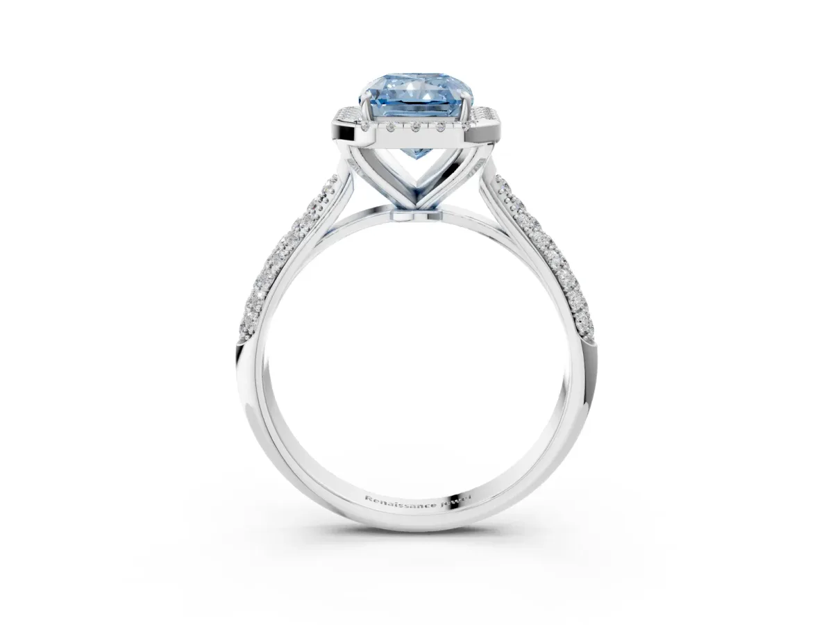 Fancy Blue Radiant Cut Cut Halo Pave Band Four-Prong Setting Ring Platinum