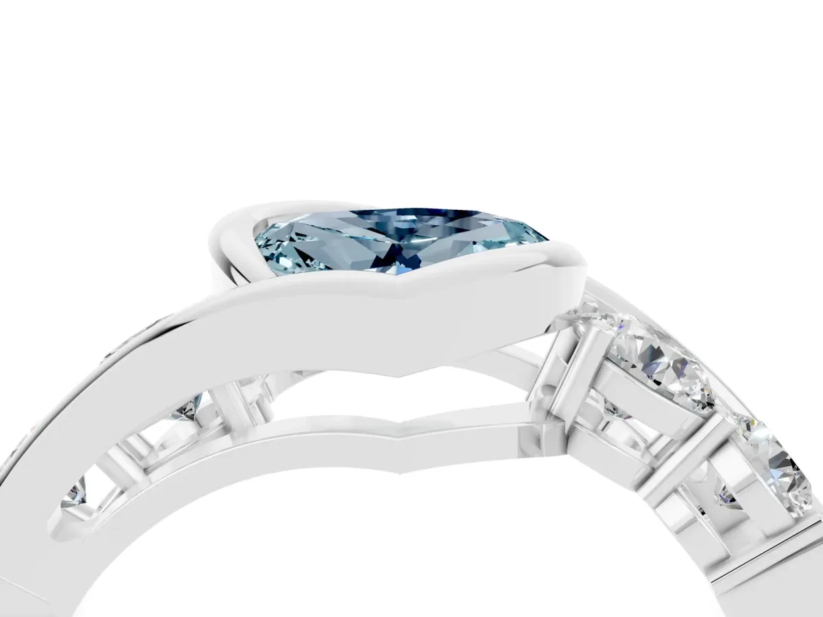 Bezel Set Heart Cut Aquamarine Bypass Ring with Round Accents Silver