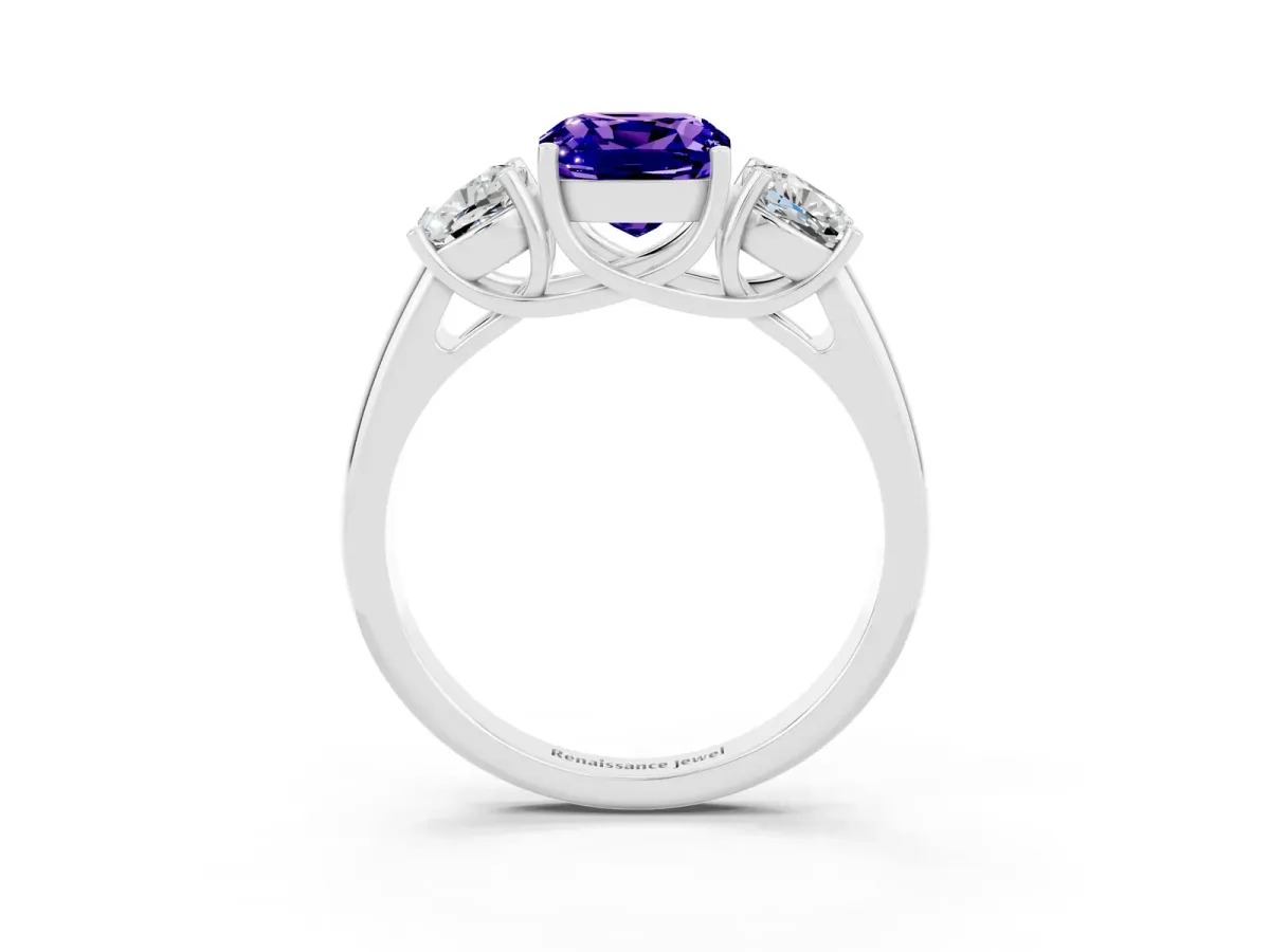 Three-Stone Cushion Cut Tanzanite Engagement Ring with Prong Setting White gold