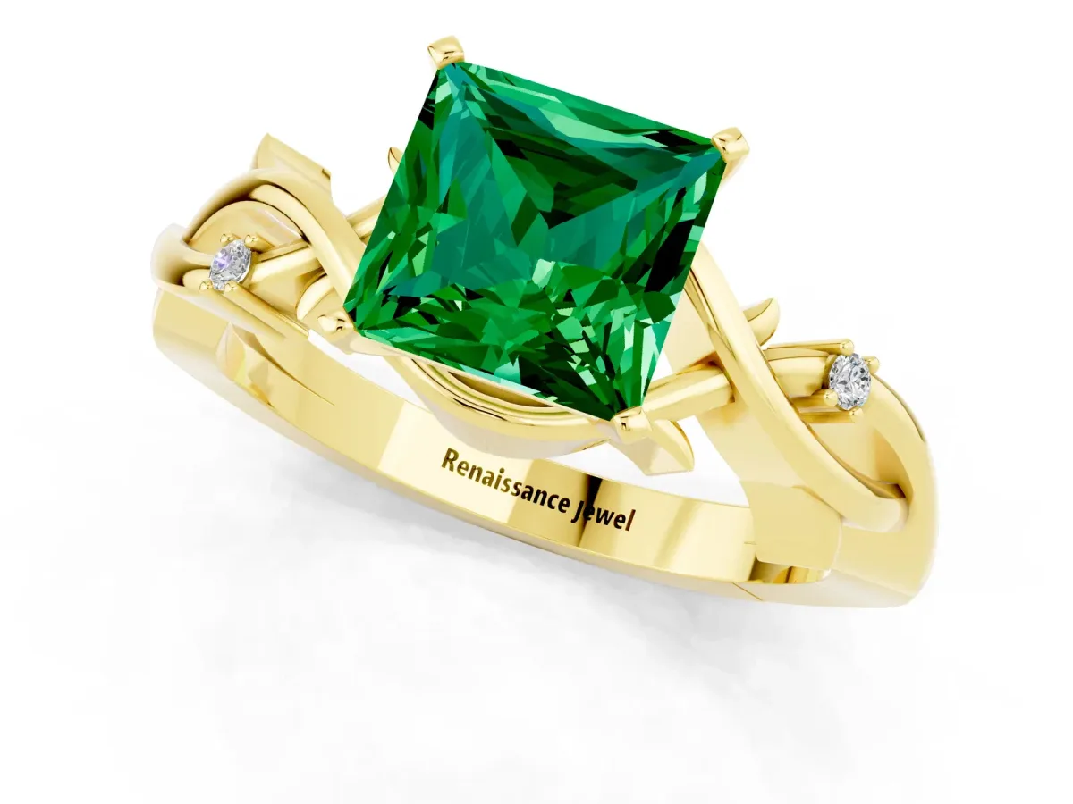 Princess Cut Emerald Solitaire Ring with Twisted Band and Prong Setting Yellow gold