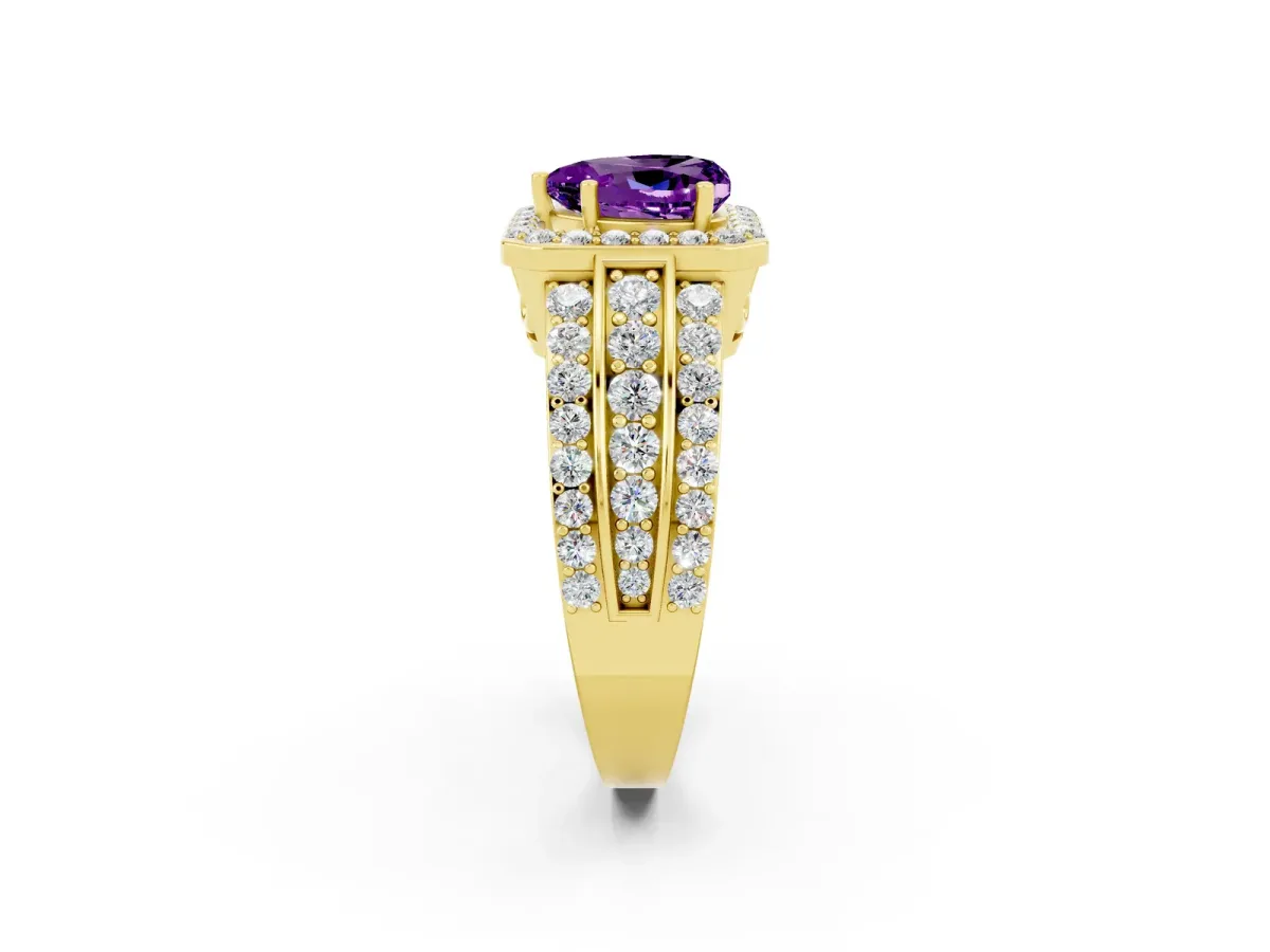 Heart Cut Halo Amethyst Ring with Round Split Shank and Prong Setting Yellow gold