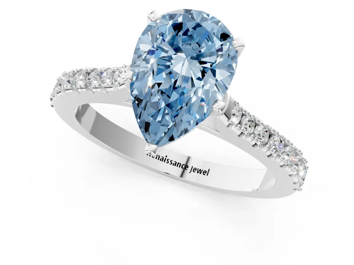 Fancy Blue Pear Cut Cut Solitaire Diamond Engagement Ring with Pave Band and Four-Prong Setting Silver