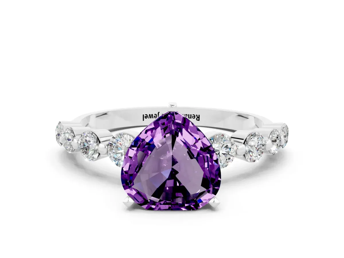 Heart Cut Solitaire Amethyst Ring with Pave Band and Four-Prong Setting Silver