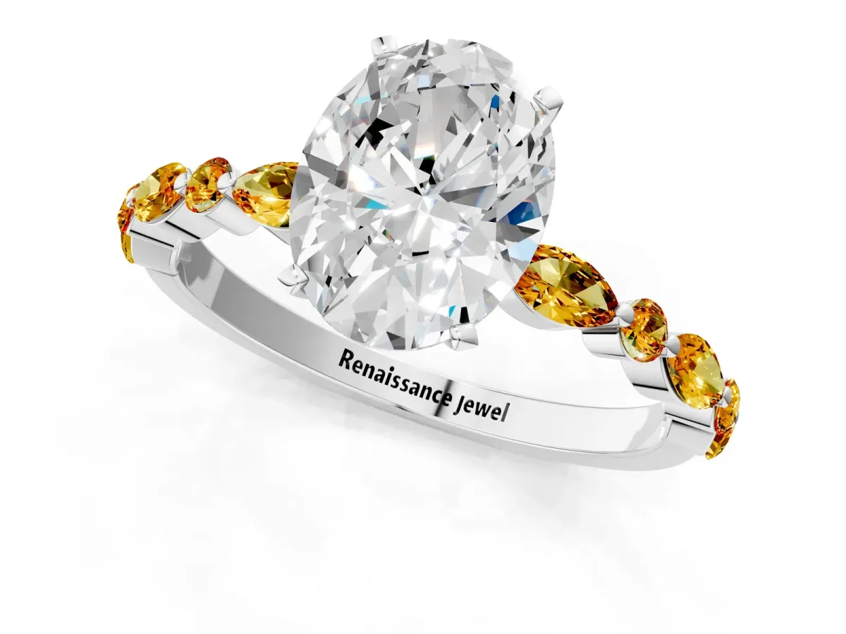 Oval Cut Diamond Ring with Marquise and Round Citrine Side Stones and Four-Prong Setting Silver